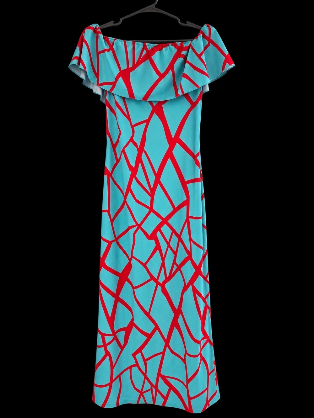 Off-Shoulder Aqua and Red Patterned Maxi Dress